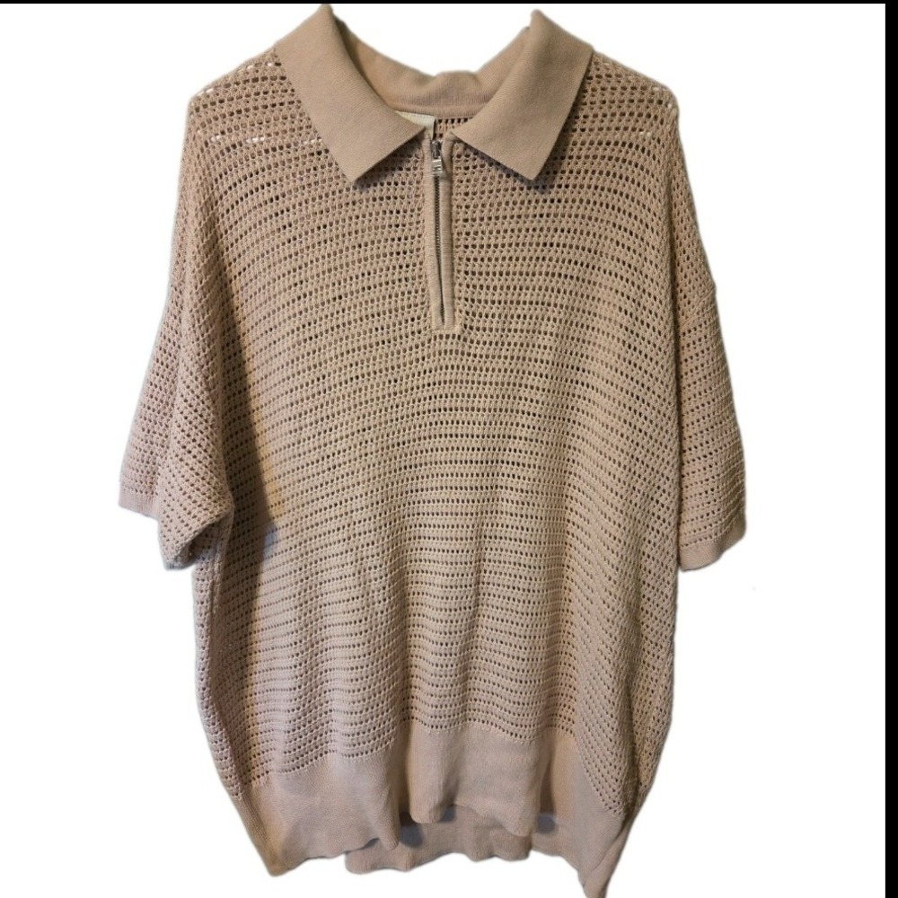 Varley Womens Sand Beige Open Knit Quarter Zip Polo Sweater Cotton Size Large